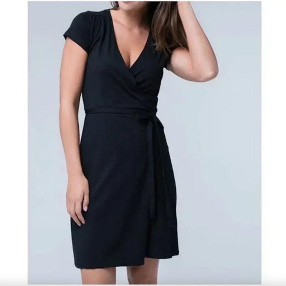 Pact Organic Wrap Dress Women’s M Black Short Sleeves Soft Stretch Comfy